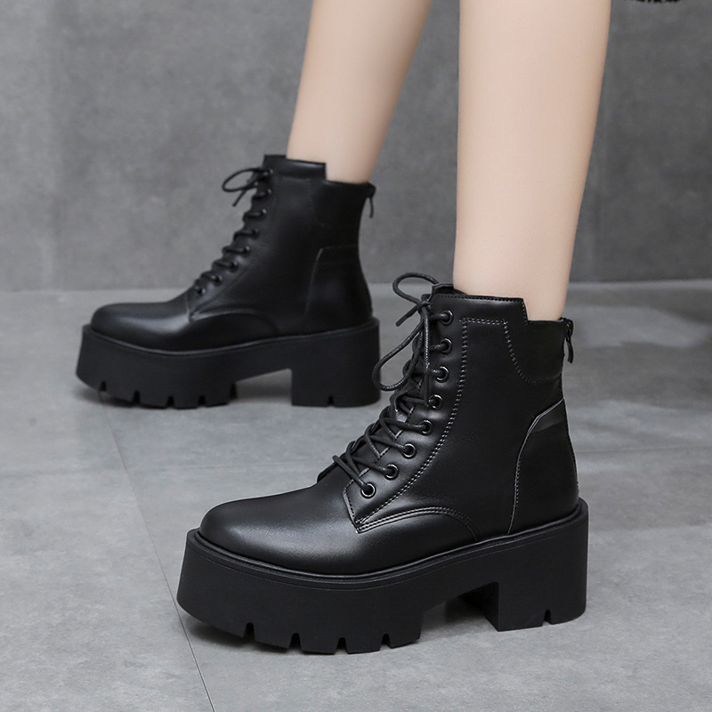 2025 Autumn and Winter New Mid-Calf Leather Boots for Women, New Soft-Soled Martin Boots, Korean Style Lace-Up Thick-Soled Martin Boots for Women