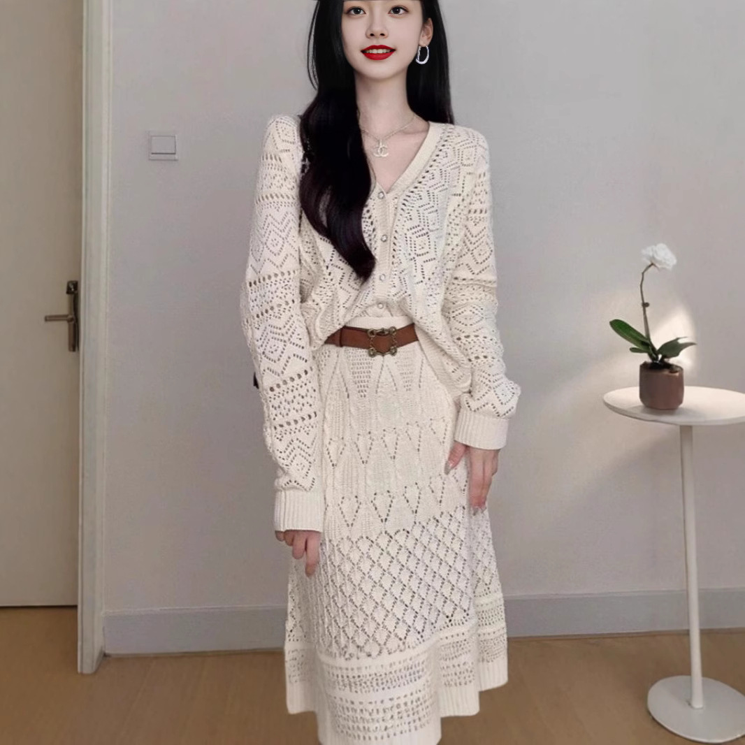 跨境外贸法式小香风时尚镂空优雅亚马逊爆款百搭针织套装新款名媛