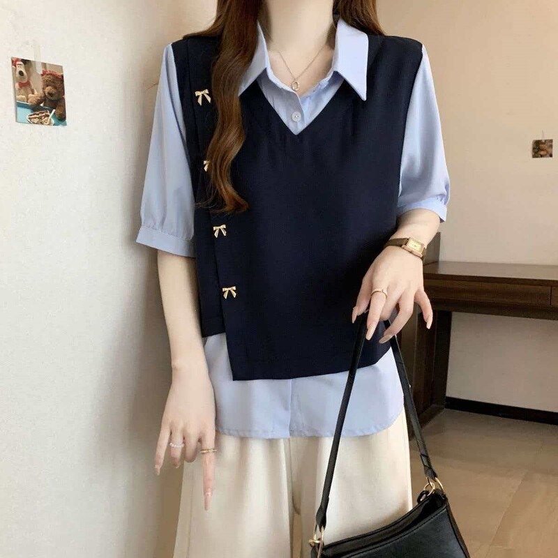 Loose Fake Two-Piece Bowknot Slimming Short-Sleeve Shirt 2026 New Stylish Sweet Youthful Fake Two-Piece Top for Women Loose Fake Two-Piece Bowknot Slimming Short-Sleeve Shirt 2026 New Stylish Sweet Youthful Fake Two-Piece Top for Women