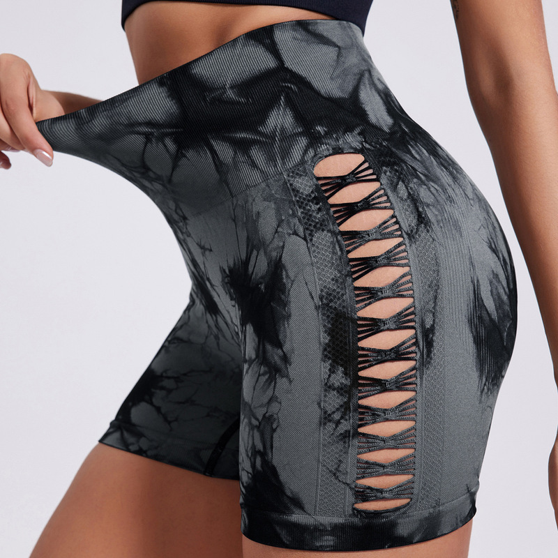 Cross-Border Peach Butt Tie-Dye Shorts Women's Side Hollow Tie-Dye Fitness Sports Tights Yoga Shorts