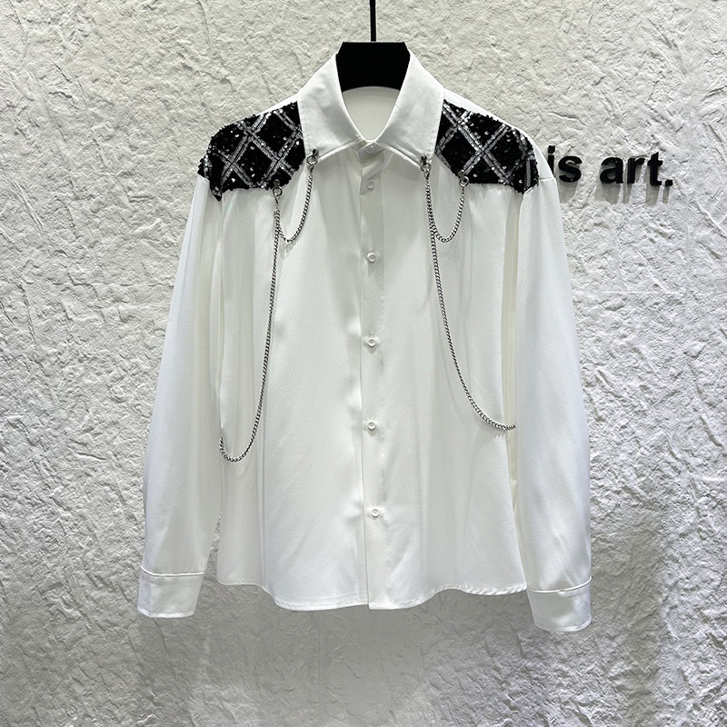 Shirt New Style Handsome Niche High-Level Personality Metal Chain Design Men's Long Sleeve Stitching Loose Sequin Shirt Shirt New Style Handsome Niche High-Level Personality Metal Chain Design Men's Long Sleeve Stitching Loose Sequin Shirt