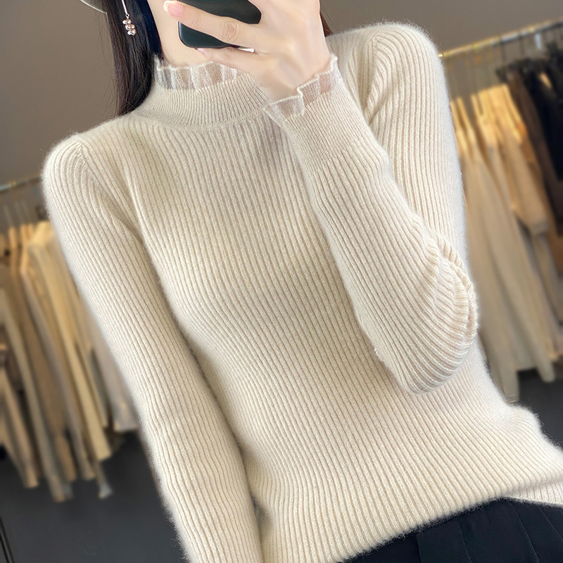 Lace stitching long-sleeved knitted bottoming shirt women's half turtleneck pullover slim fit sweater slimming inner warm sweater New Lace stitching long-sleeved knitted bottoming shirt women's half turtleneck pullover slim fit sweater slimming inner warm sweater New