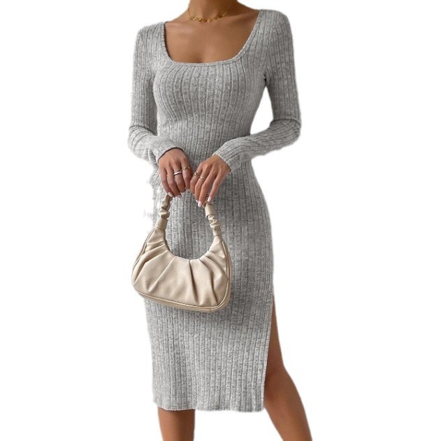Independent Station Cross-Border Autumn Winter New European And American Style Square Neck Long Sleeve Hem Slit_ecoleips.com