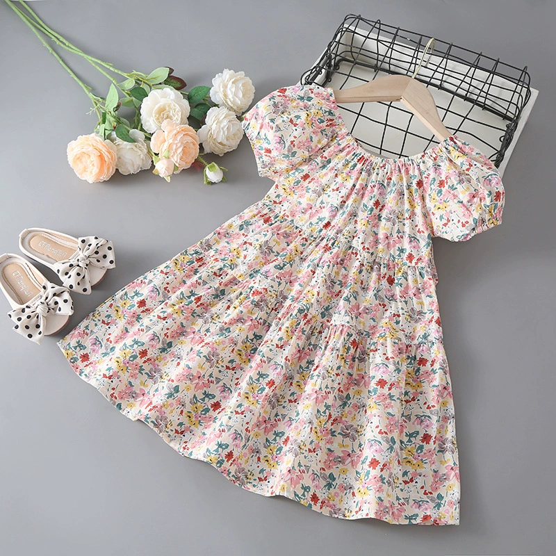 Summer summer clothing, children's small princess costume, dress, western style, with short sleeve, Korean style, floral print