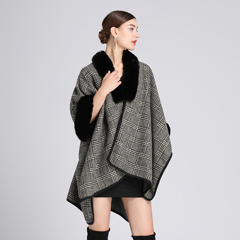 Pelerină cu guler de blană, pelerină, cardigan de mărime mare pentru femei_voghion.com