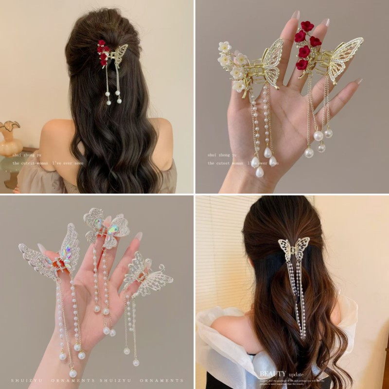 Popular Alloy Butterfly Hairpin for Women, High-End and Elegant, Half-Tied Ponytail, Tassel Pendant, Hair Clip for the Back of the Head