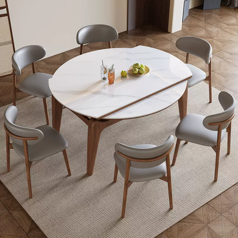 高级岩板餐桌椅组合现代简约折叠伸缩木质中古风吃饭桌方圆两用桌