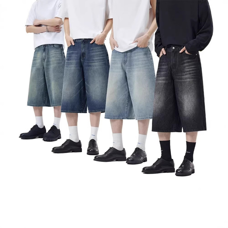 Cross-Border Jeans Summer Korean Style Washed Wide-Leg Cropped Jeans Unisex Loose Slimming Straight Silhouette Cross-Border