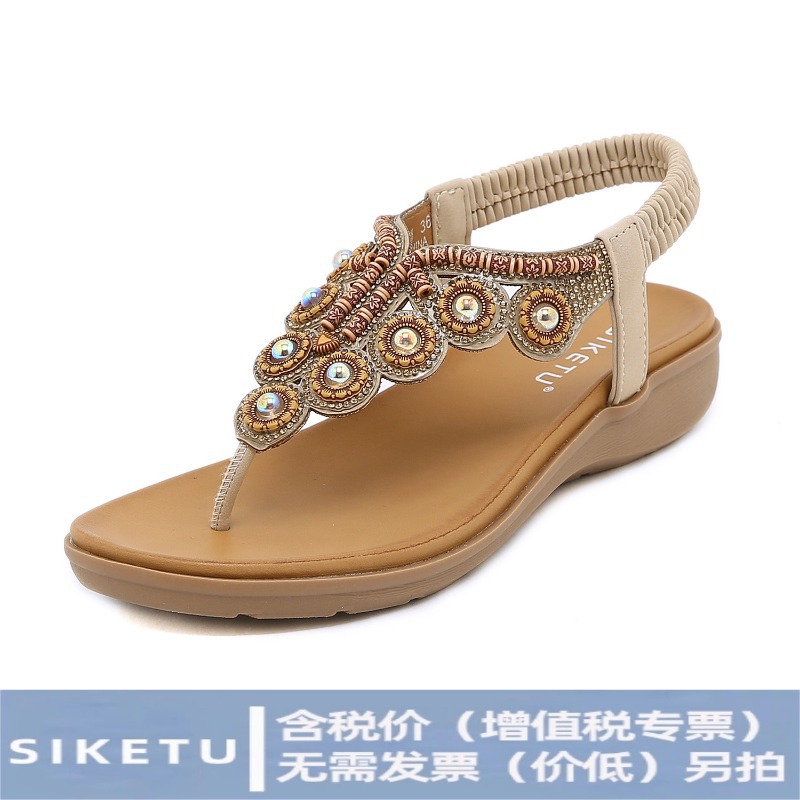 Sandalias de Verano 2025, Estilo Bohemio, con Adornos de Pedrería y Correa Elástica en el Talón, Zapatos de Mujer