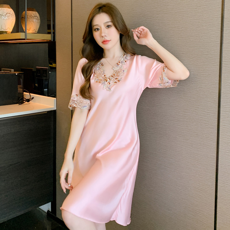 夏季新款絲綢七彩花邊睡裙女性感冰絲薄款連衣裙家居服網紅