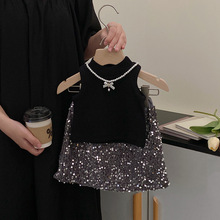 韩版童装2023夏季新款女童气质针织无袖背心时髦亮片半身裙套装