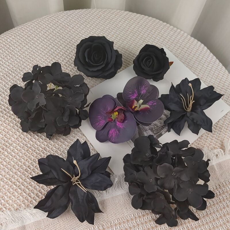 Black Artificial Flower Head Rose Lily Hydrangea Peony Butterfly Orchid Hairpin Flower Headband Material Black Flower Head Flower