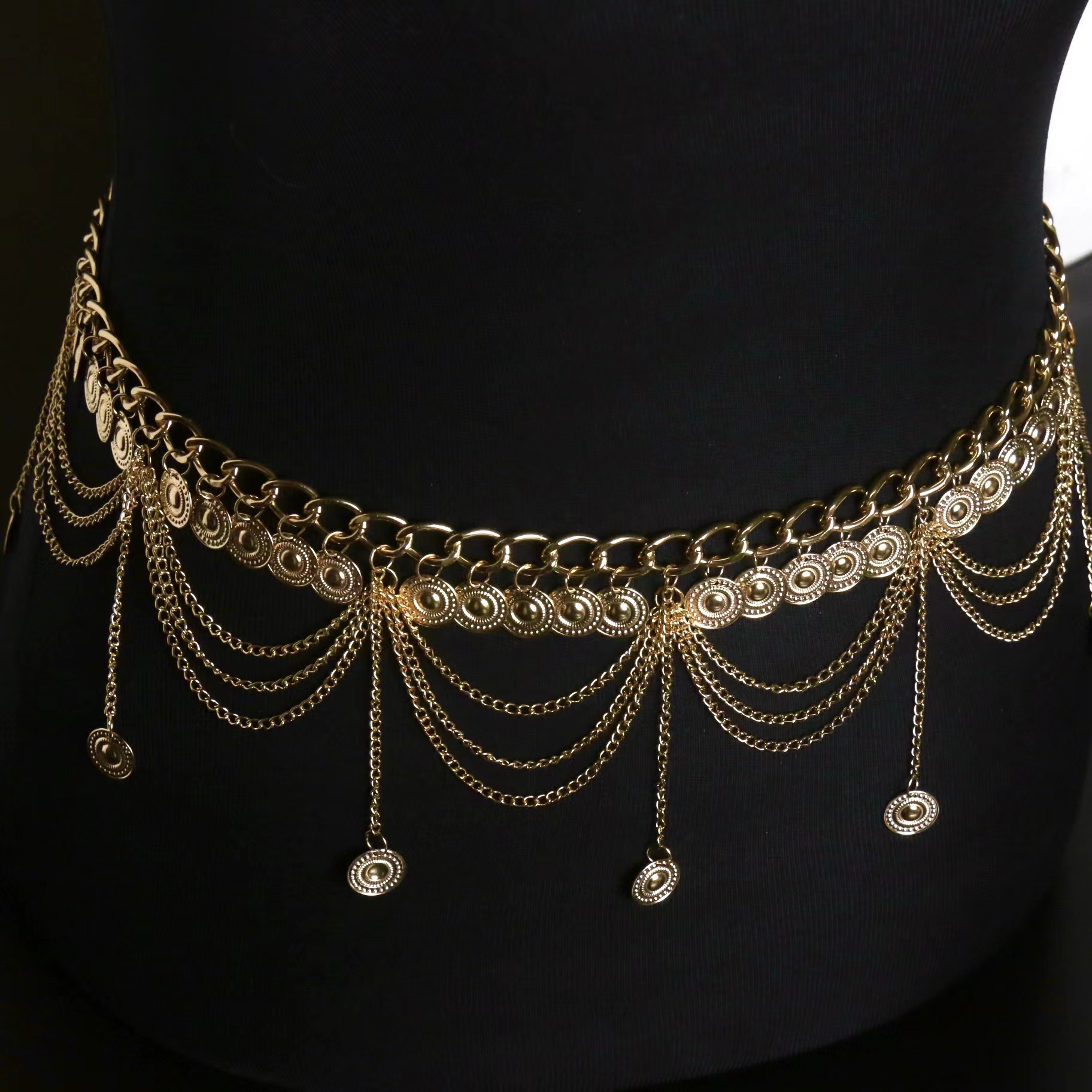 Cadena de cintura para mujer estilo boho con monedas y borlas_voghion.com