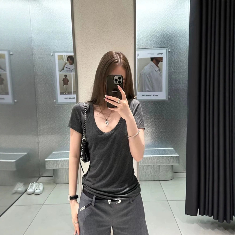 Mosesqueen Gray U-Neck Short-Sleeve T-Shirt Summer Loose Slimming Casual Versatile Top Mosesqueen Gray U-Neck Short-Sleeve T-Shirt Summer Loose Slimming Casual Versatile Top