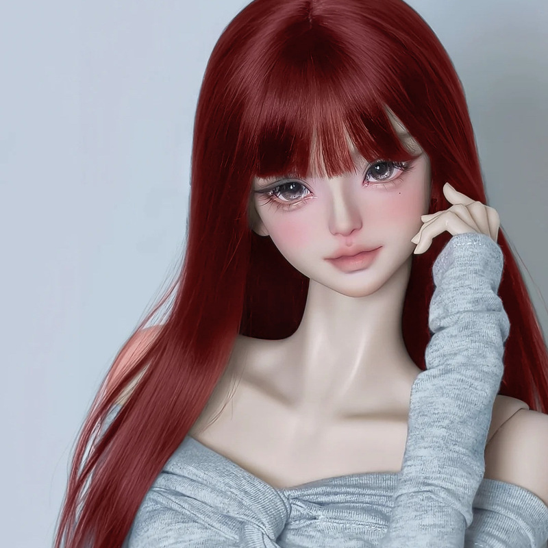 Bjd Qi Bangs wine red Long Straight Hair High Color Value High Temperature Silk Wig Baby Accessories Wig 3/4/6 Points Wig