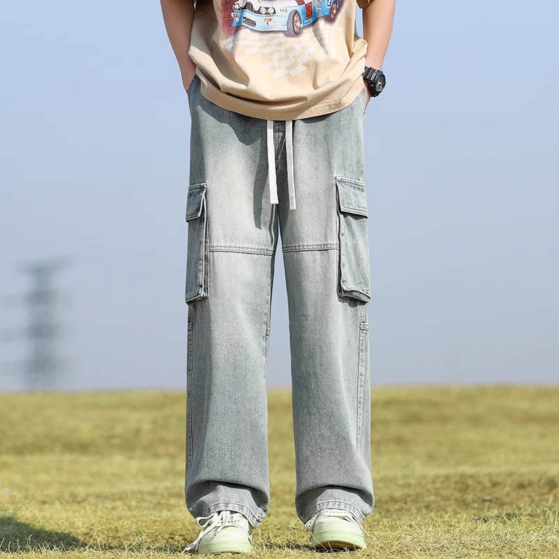 ​​Men’S Cargo Jeans – Vintage Washed Denim Pants With Patchwork & Multi-Pockets​​ Relaxed Straight Fit​​_mkmklike.com