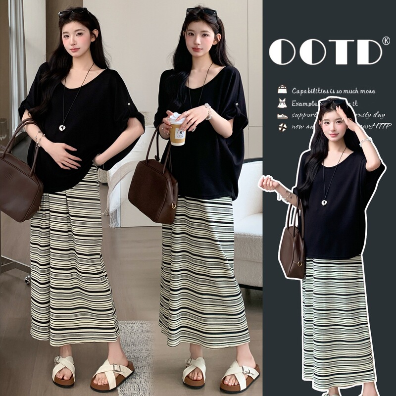 Maternity Wear with Simple Solid Color Cufflinks, Short-Sleeved Shirt, Striped Skirt