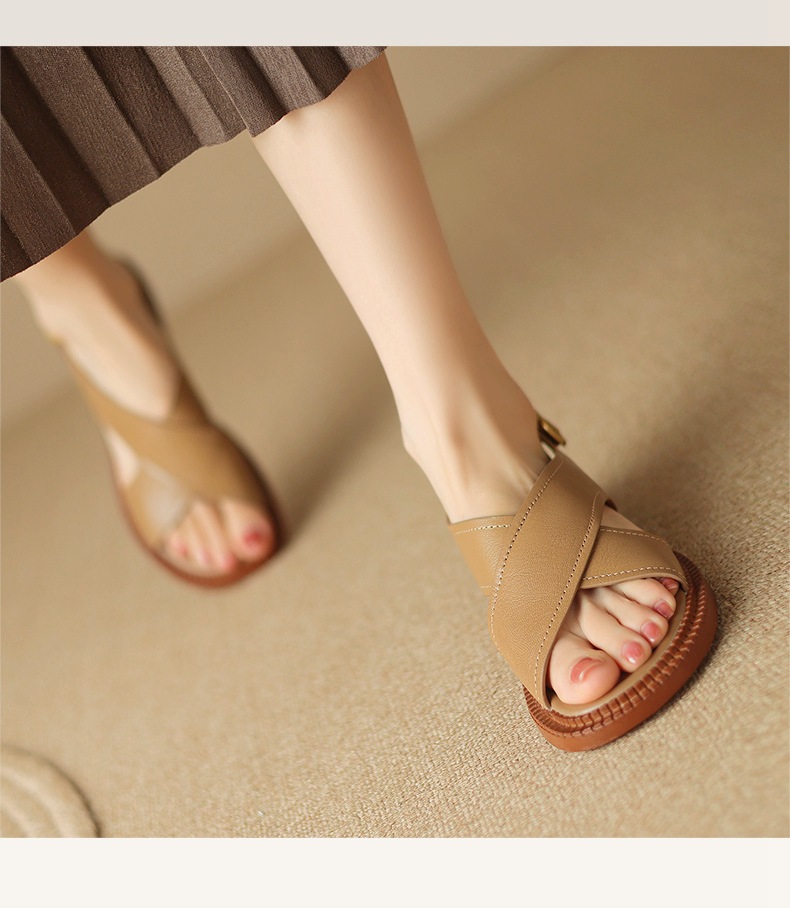 Sandal hở mũi nữ gót thấp 3.5 cm quai chéo da cừu phong cách La Mã — màu trắng ngà chi tiết 7
