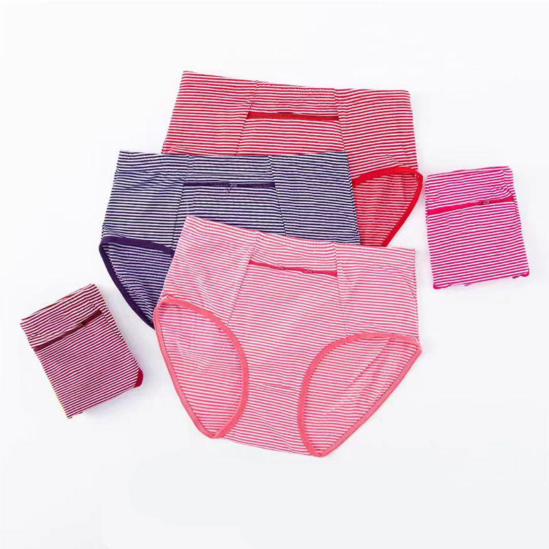 Ladies striped pocket zipper briefs women middle-aged and elderly mother high waist large size shorts underwear wholesale
