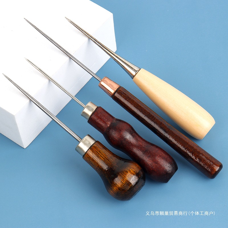 老式锥子针补鞋木柄锥子皮革上鞋锥工具手工打孔修鞋特细直锥子针