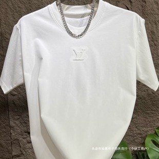 Heavyweight Embossed Short-Sleeve T-Shirt for Men, 2025 Summer New Trendy Brand Letter Round Neck Half-Sleeve Youth Black T-Shirt
