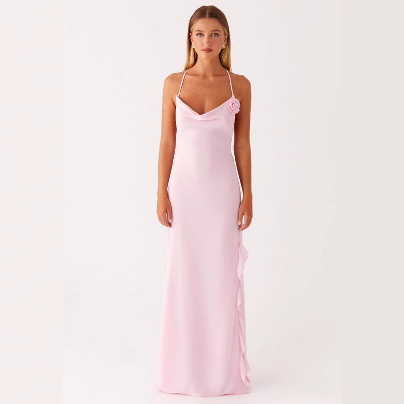 European and American Cross-border Women's 2025 Summer New Fashion Sleeveless Split Backless Flower dress Long Sling