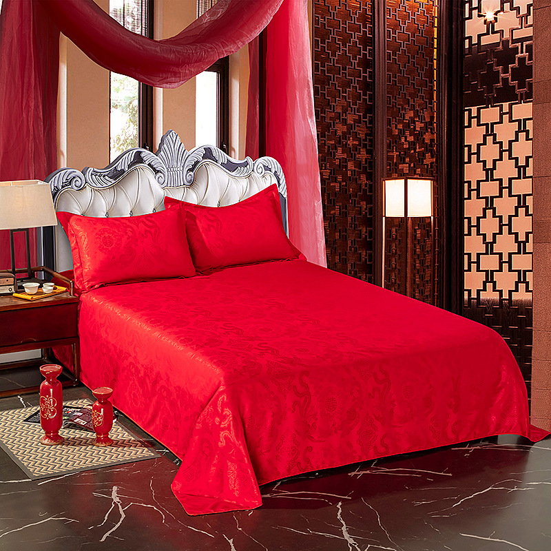 A5L Large Red Wedding Single Bed Sheet and Pillowcase with Dragon and Phoenix Design, 1.5m, 1.8m, 2.0m Single Bed Sheet for Bed Use