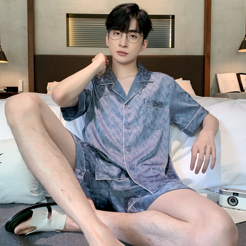 안개 회색 파란색 V-반팔 반바지