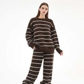 YUXIU半边绒珊瑚绒睡衣女保暖加厚舒适秋冬季简约条纹高级感家居