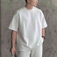 夏の右肩が強調された半袖シルエット無地ヘビーウェイトTシャツ軽い高級感のある白いTシャツメンズボトリングシャツラウンドネックトップ