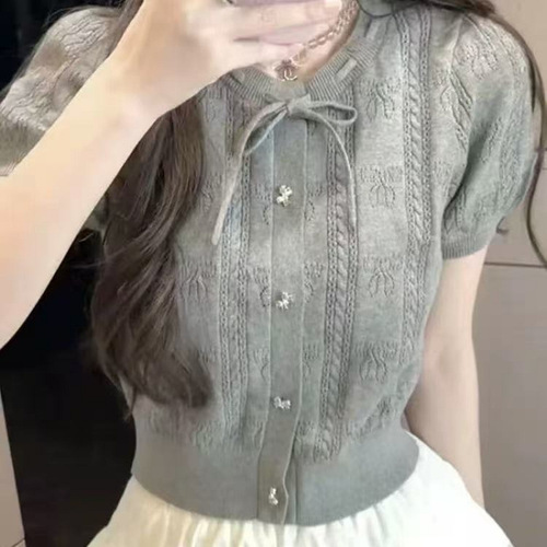 High-end gentle round collar bow short-sleeve sweater for women with a sense of design, niche foreign style, sweet age-reducing and slimming top