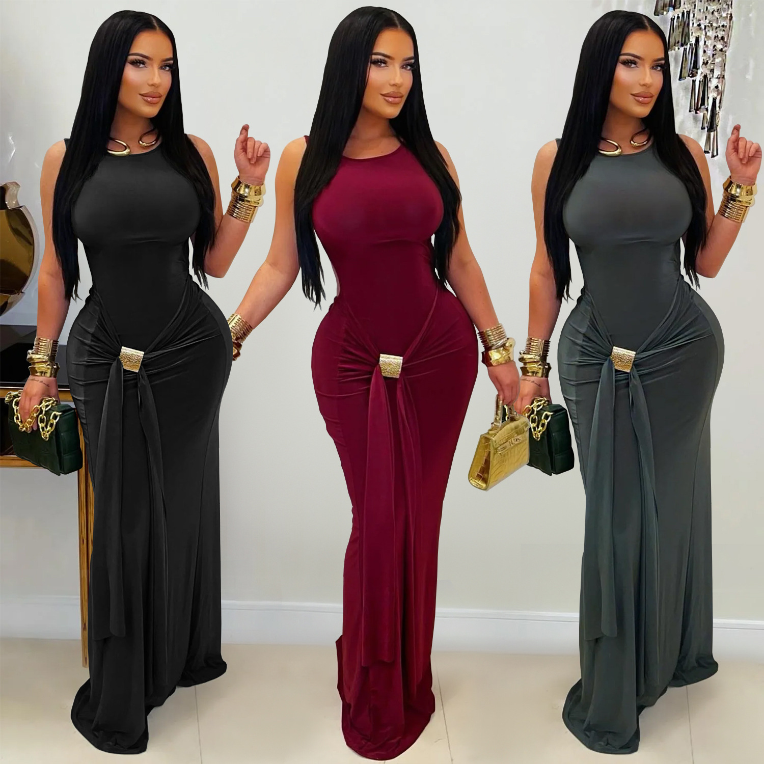 C7600 Aliexpress transfronterizo Amazon Europa y América de moda moda femenina temperamento elegante color sólido delgado vestido de espalda abierta image 1