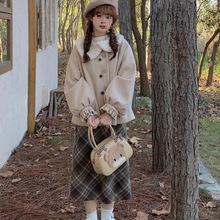 学院秋冬装毛呢外套搭配中长裙子夹棉可爱风软妹套装
