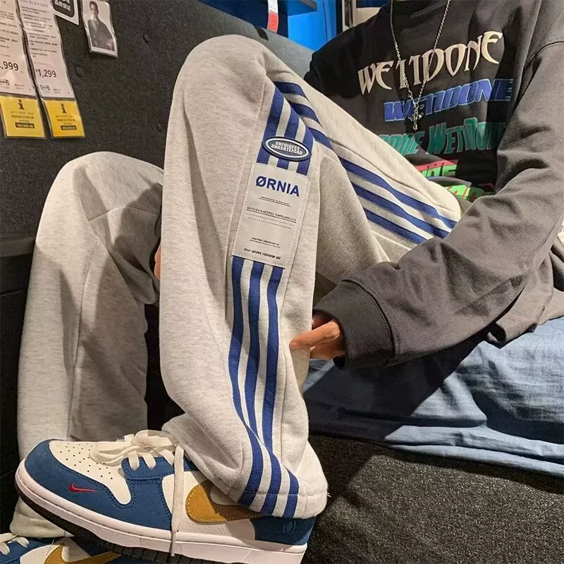 Приливная бренд полосатые повседневные брюки мужские весенне-осенние широкие прямые брюки гонконгский ветер большой размер свободные спортивные брюки летние студенты