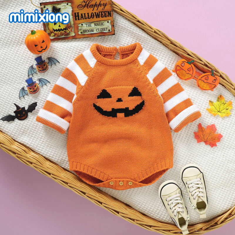 ins ホット販売春と秋の新しいスタイルの男性と女性のベビーニットハロウィンストライプジャカード三角形バッグロンパース|undefined