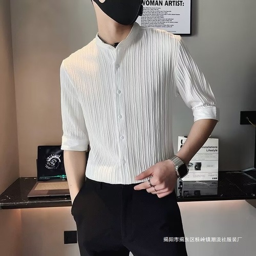Stand collar seven-inch sleeve men's short-sleeve summer 2024 new men's high-end striped half-sleeve shirt