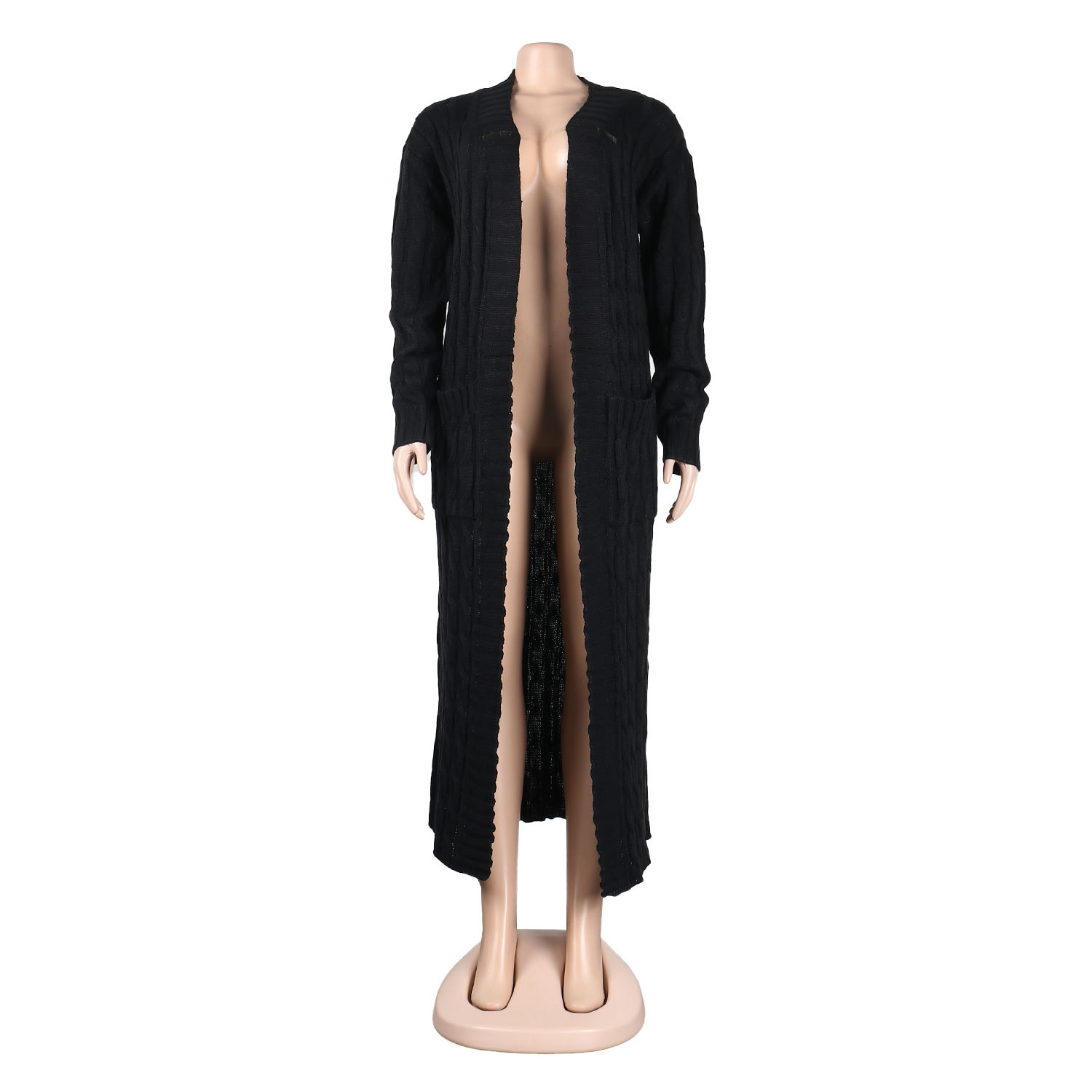 Damen Strickjacke Lang Aus Grobstrick In Unifarben Wintermantel_voghion.com