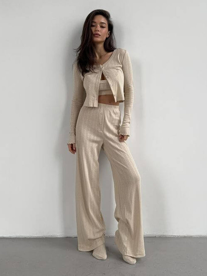 Bộ đồ ngủ nữ 3 món áo cardigan dài tay quần dài họa tiết jacquard — Màu be, Màu hồng chi tiết 46