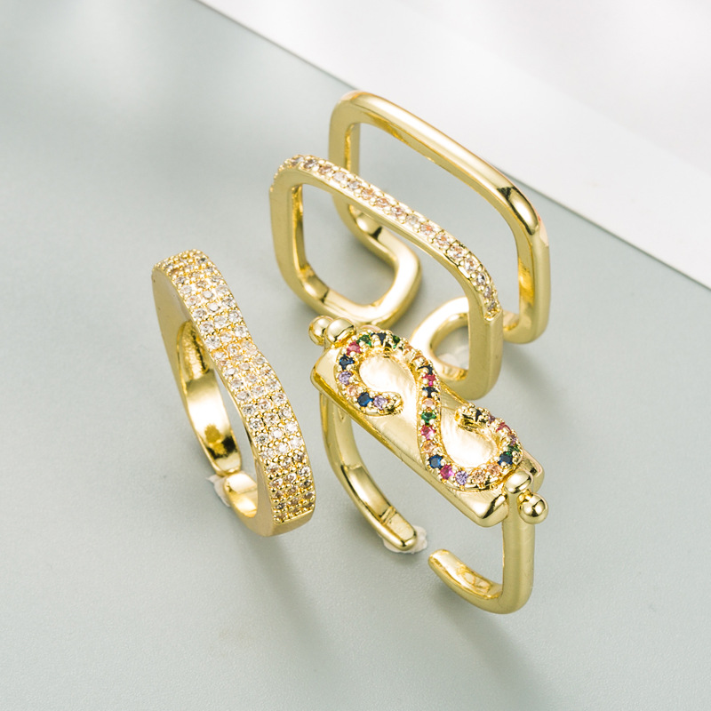 Mode geometrischer Ring weiblicher Kupfer vergoldeter mikroeingelegter Zirkon Paarringpicture2