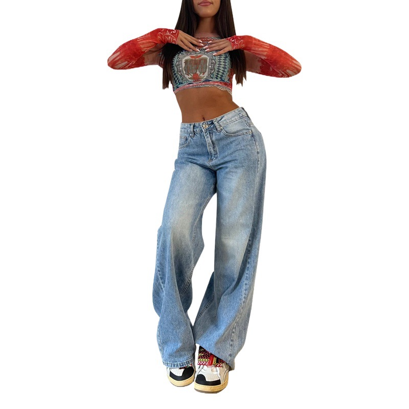 2025 europeo y americano transfronterizo nuevo estilo retro americano pantalones largos de pierna ancha chica caliente pantalones vaqueros sueltos pantalones rectos de cintura alta para mujer image 1