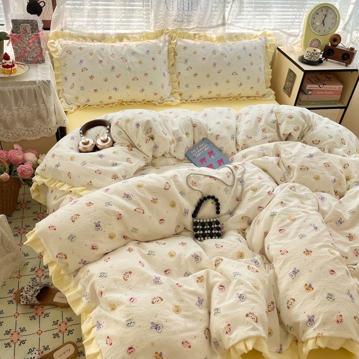 A类母婴级新款双层纱印花水洗棉花边款四件套三件套学生一件批发|undefined