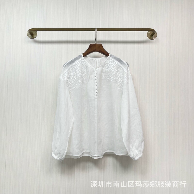 French Nanyou Advanced 2025 New Xianmeiya Luxury Handmade Embroidered Shell Button White Linen Shirt Loose Top