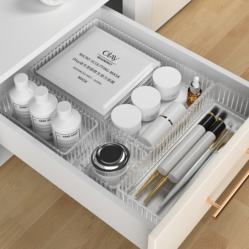 Caja organizadora transparente para cosméticos, productos de cuidado de la piel y perfumes, para lavabo o escritorio, con cajón y estante integrado.