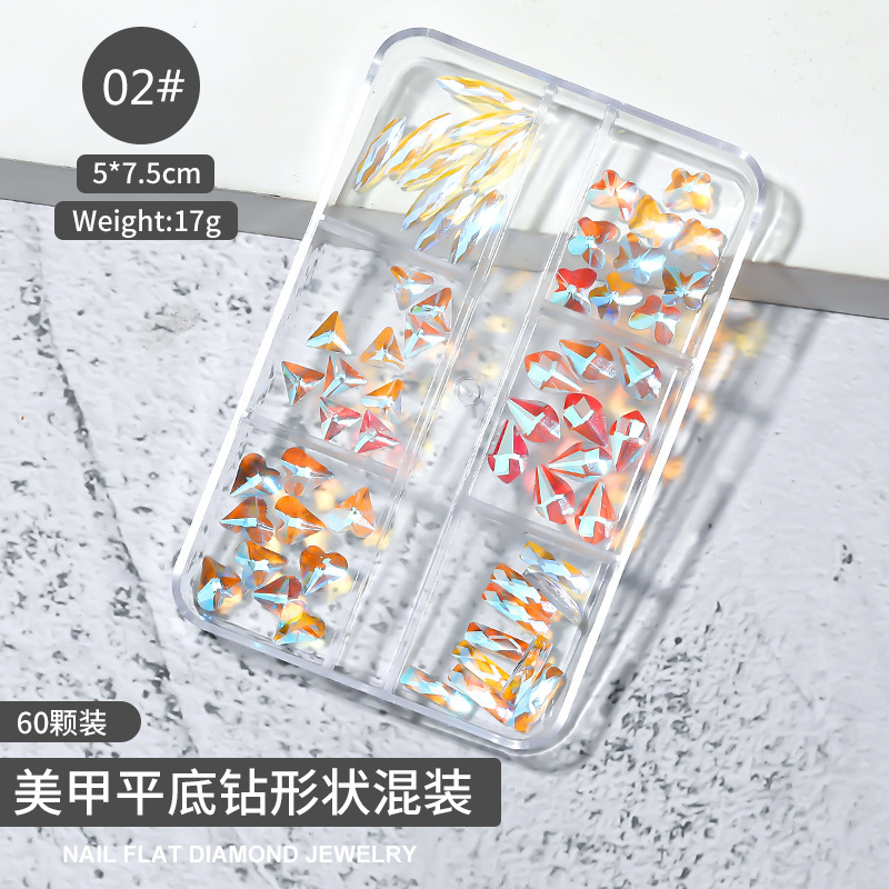Cross-border Especial 6-grid Caja Mixta joyería de uñas transparente cuadrado plano espejo de diamante en forma especial Aurora uñas Rhinestone