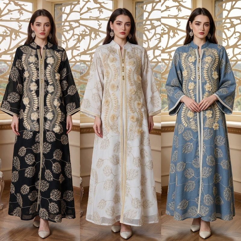New foreign trade ready-to-ship robe with elaborate three-dimensional floral embroidery and a long, flowing hem. Supplied in bulk from the source factory