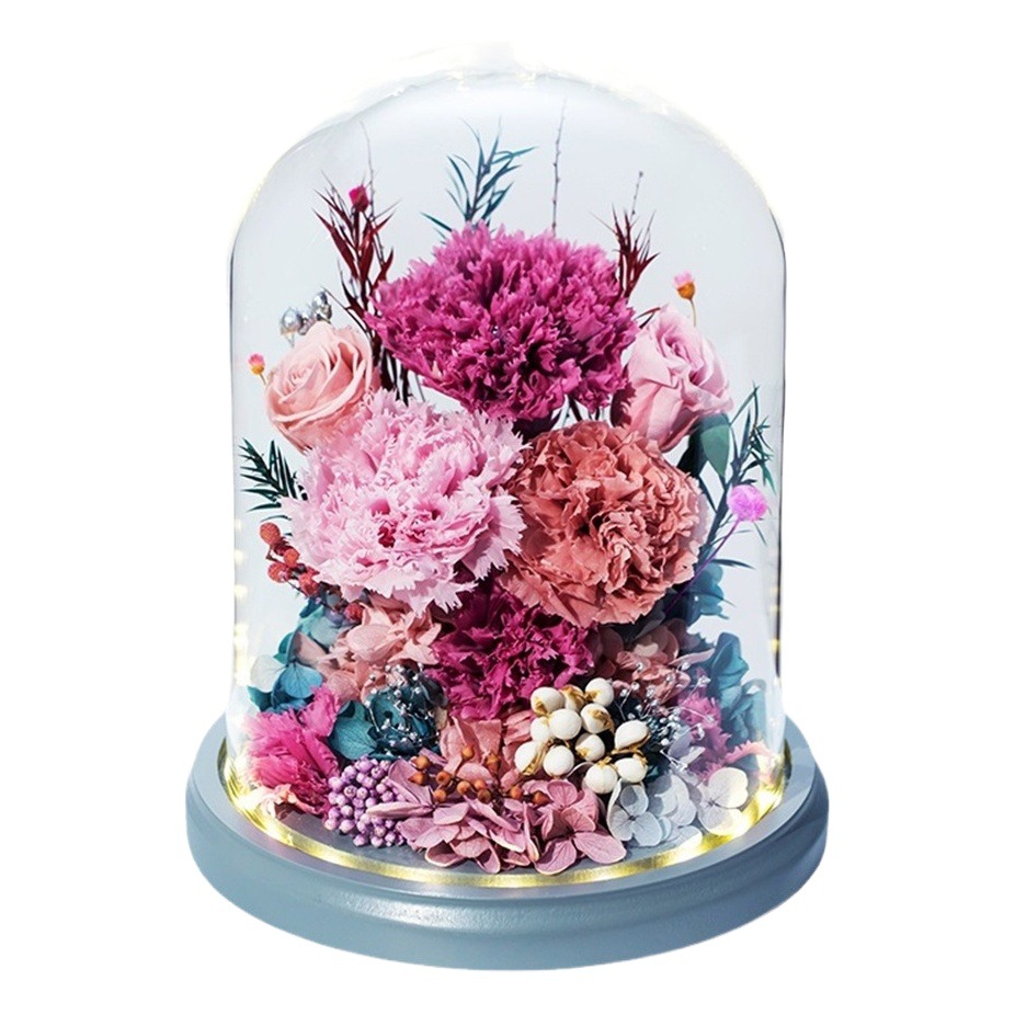 Venta al por mayor de fábrica de adornos terminados con cubierta de vidrio de claveles de flores eternas, regalo del Día de la Madre para mamá y ancianos, regalo de alta gama.