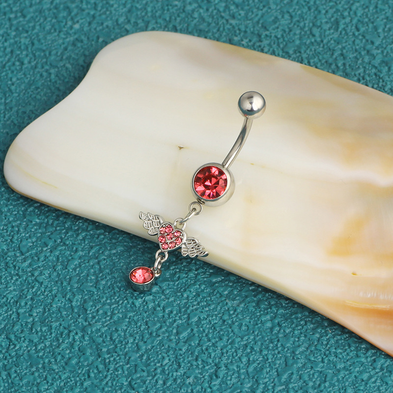 Stainless Steel Inlaid Zircon Angel Wing Navel Ring - Full Diamond Love Belly Button Ring Cross-Border Hot Pink detail image 7