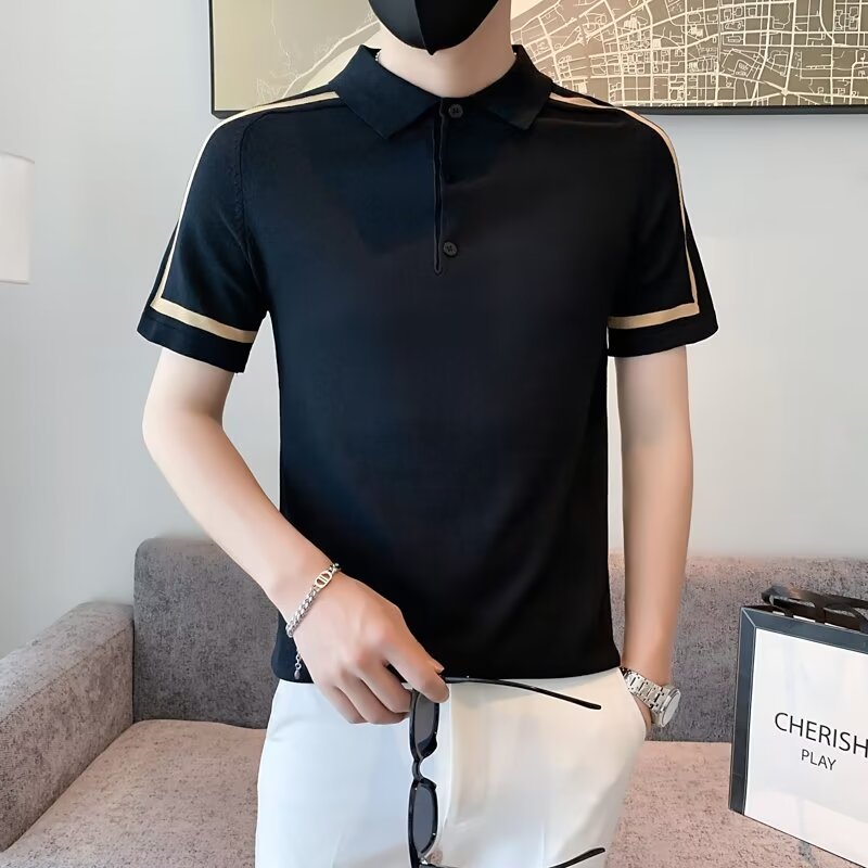 Colored striped Polo shirt for men with short sleeves, summer thin knit Paul polo collar, ice silk t-shirt, slim fit,_voghion.com