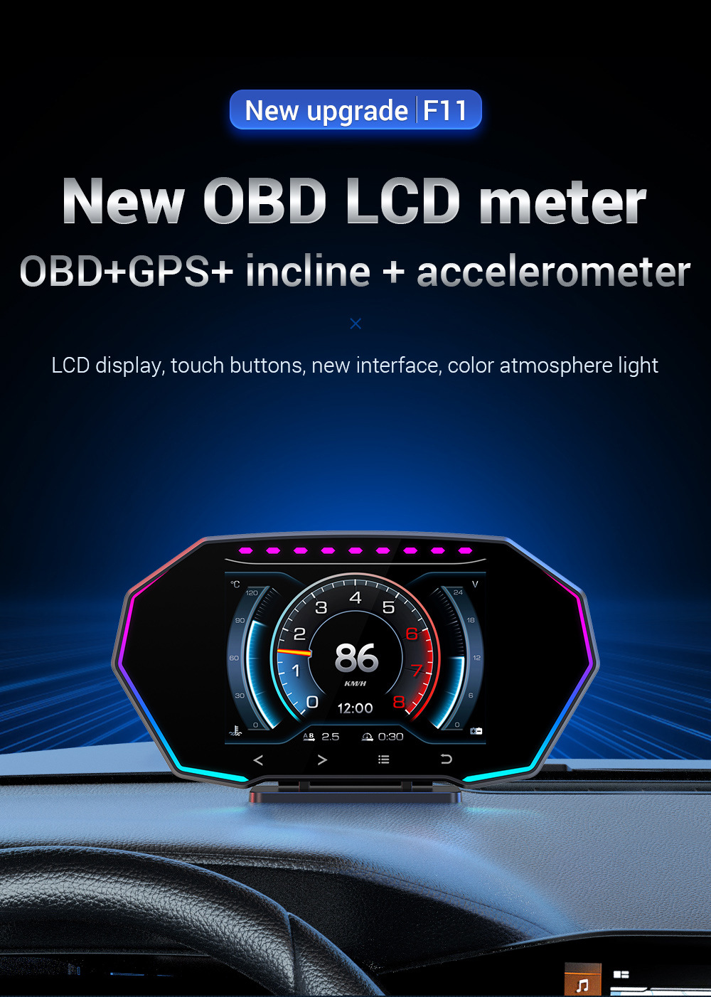 Touchscreen Car HUD Head-Up Display LCD OBD Multifunctional Water Temperature Fuel Consumption GPS Speed Slope Meter F11