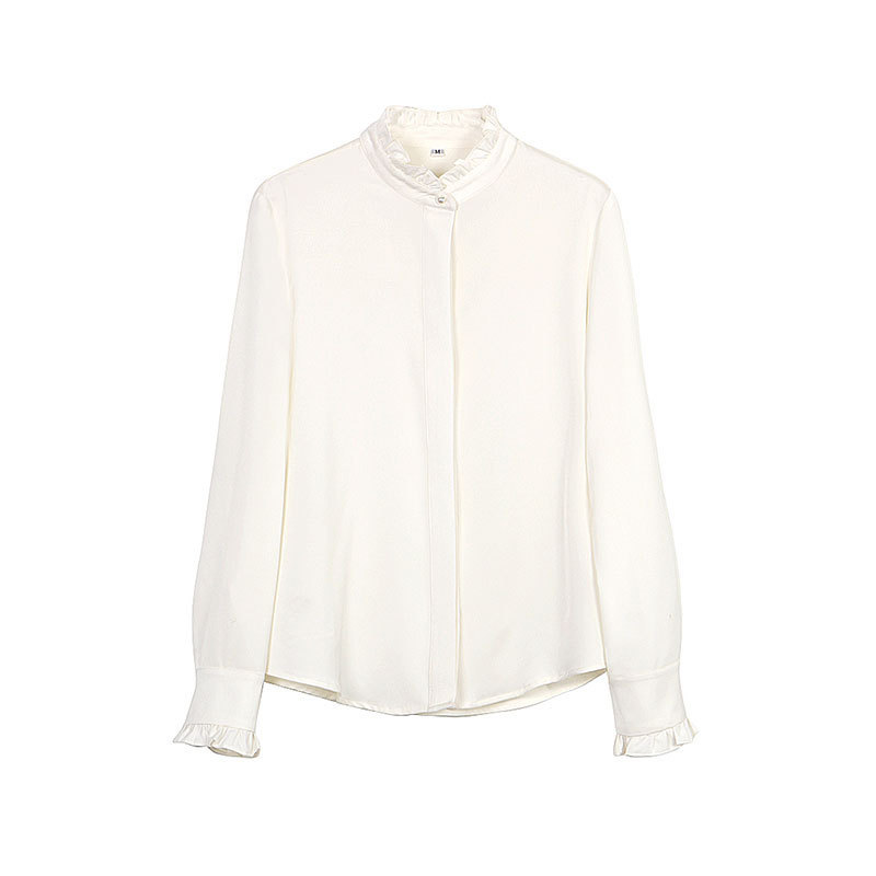 Spring and Autumn Niche Satin Design French-Style Sweet Ruffled Shirt with Stand Collar in Apricot White Spring and Autumn Niche Satin Design French-Style Sweet Ruffled Shirt with Stand Collar in Apricot White